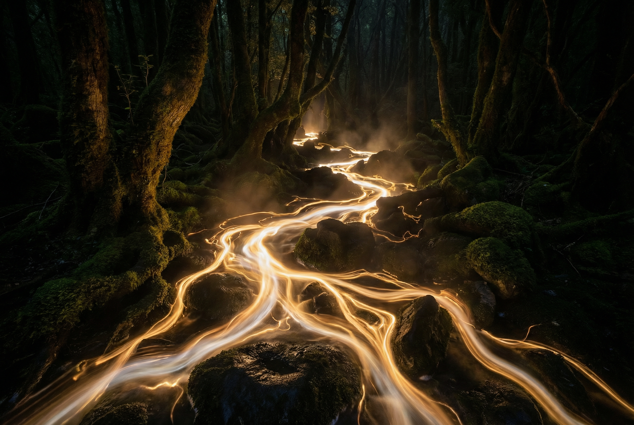 River of golden light flowing through a dark forest, evoking Reiki energy pathways