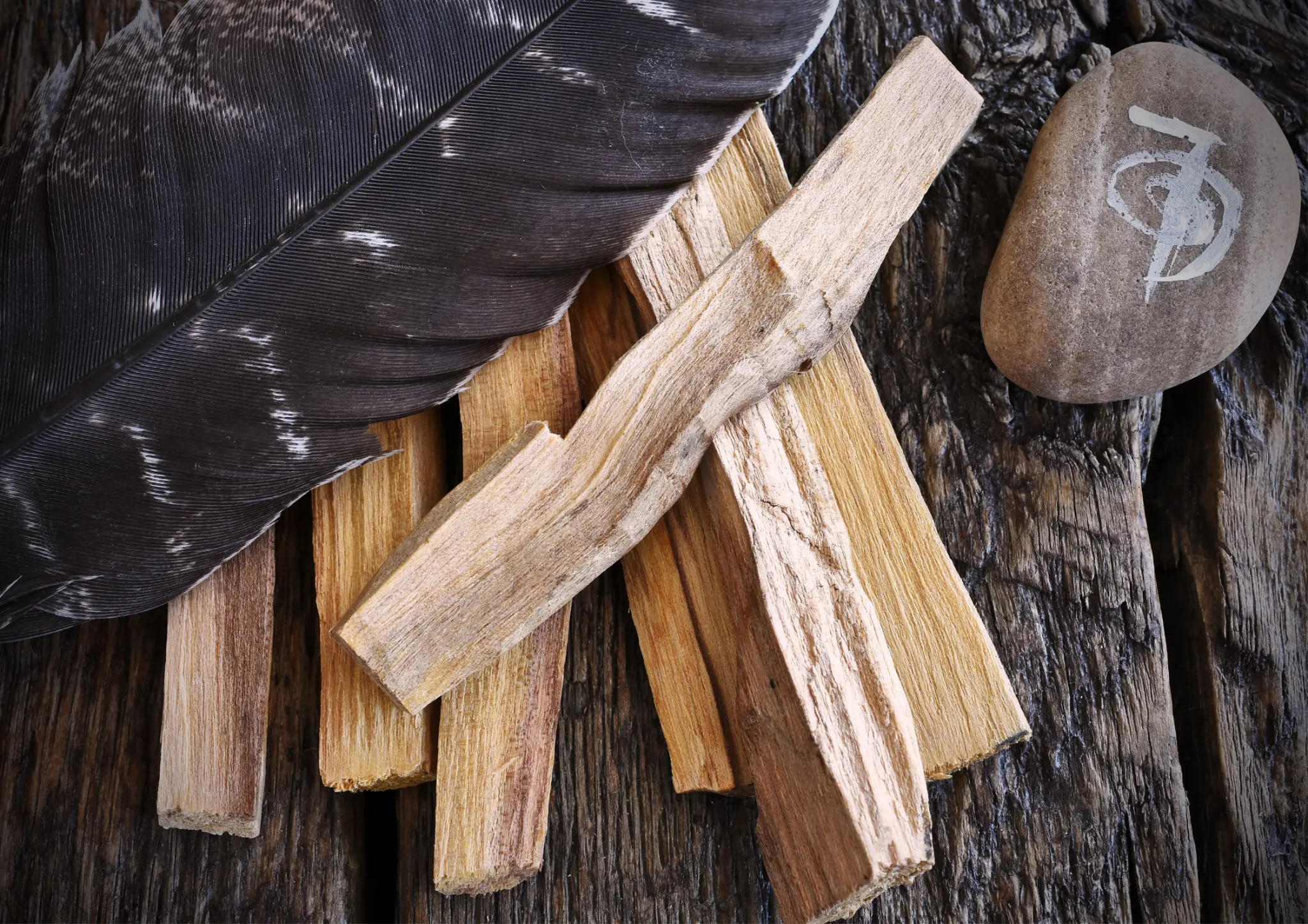Palo Santo sticks, feather and Reiki stone on driftwood