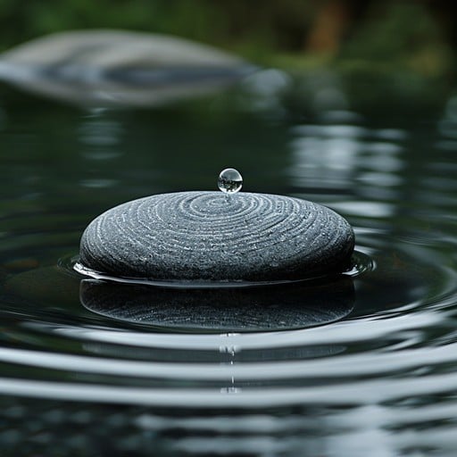 Water droplet on a dark zen stone with ripples