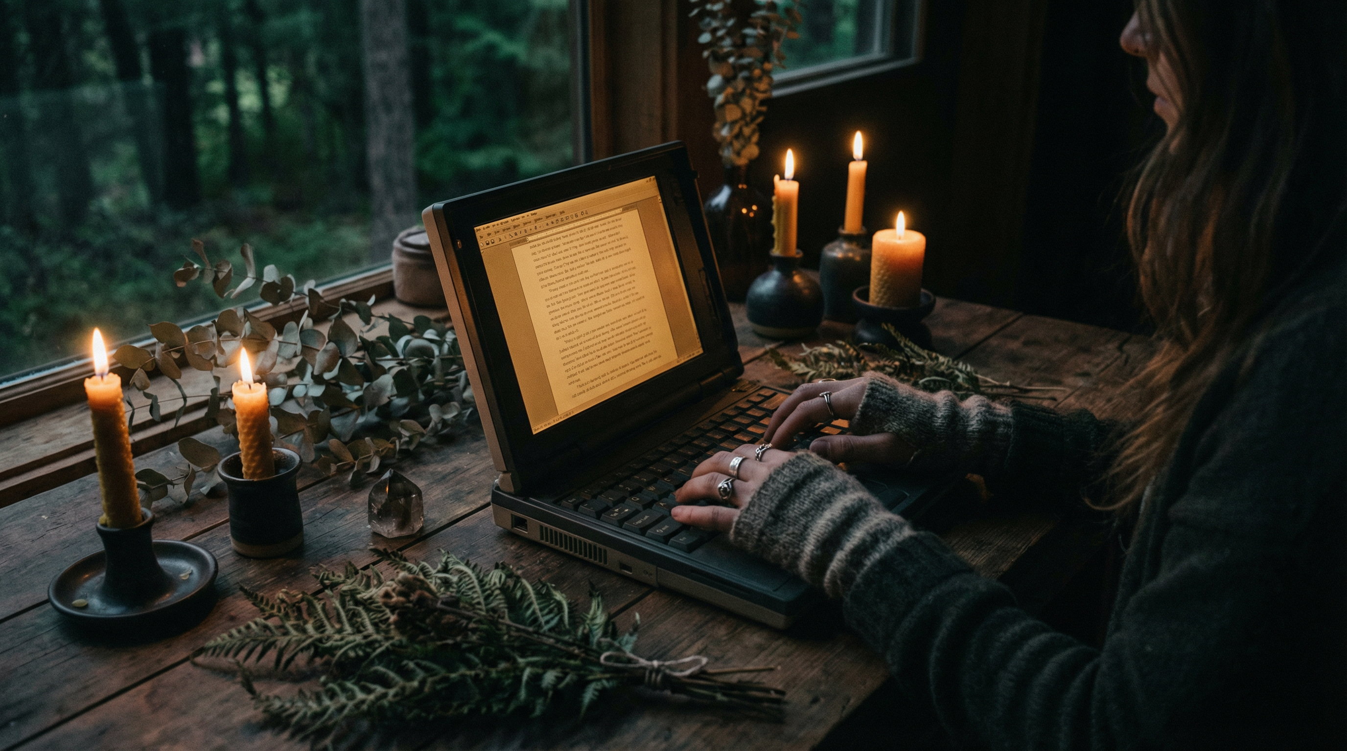 Woman typing at a candlelit forest desk