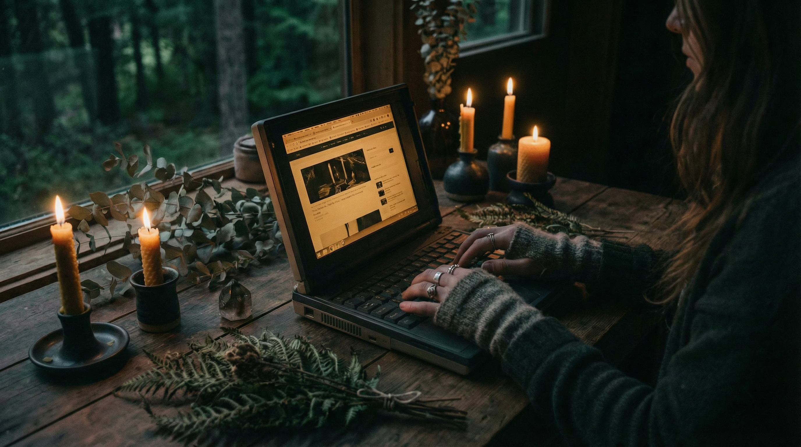Woman browsing a website on a candlelit laptop