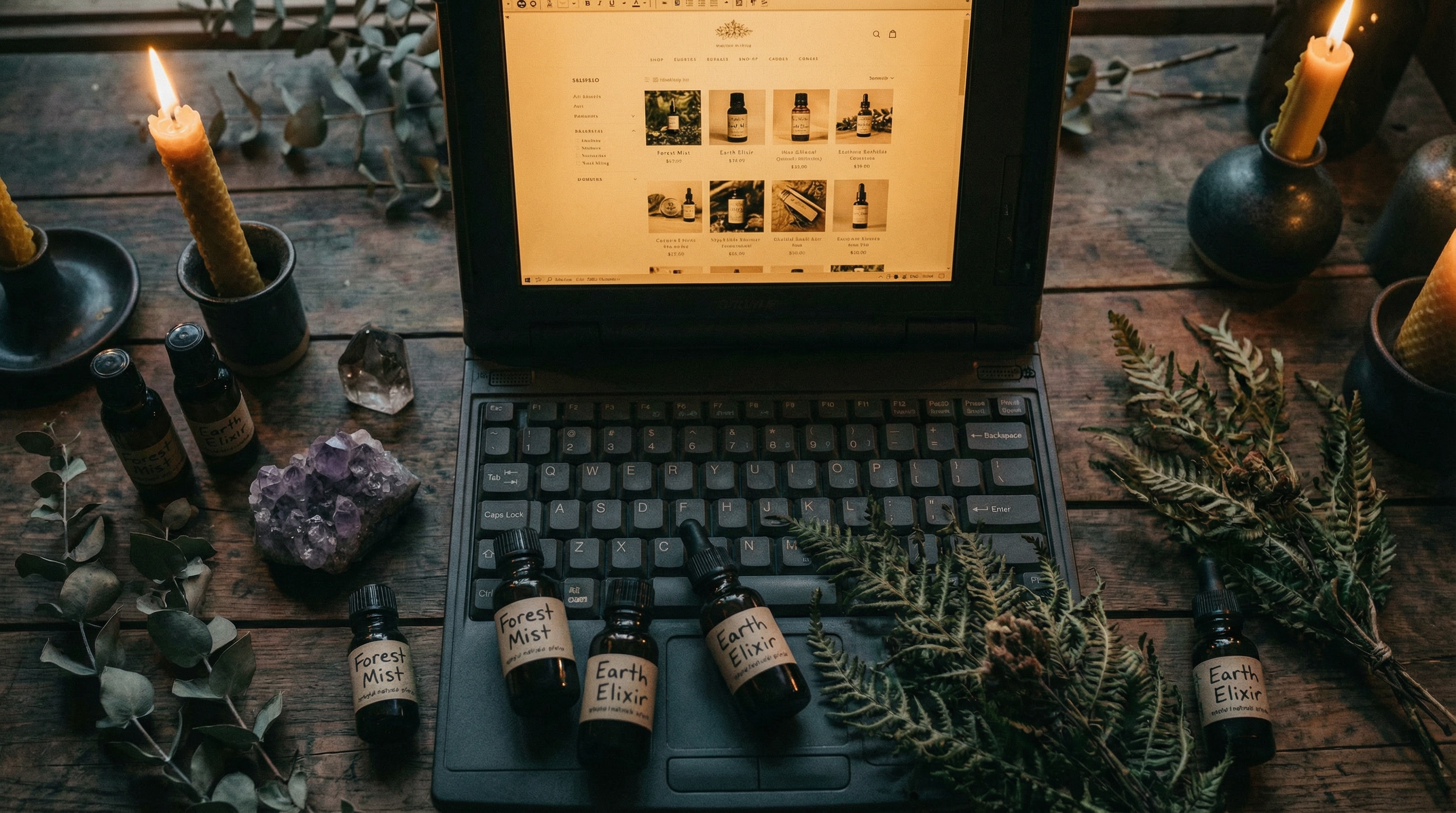 Woman browsing an online shop by candlelight